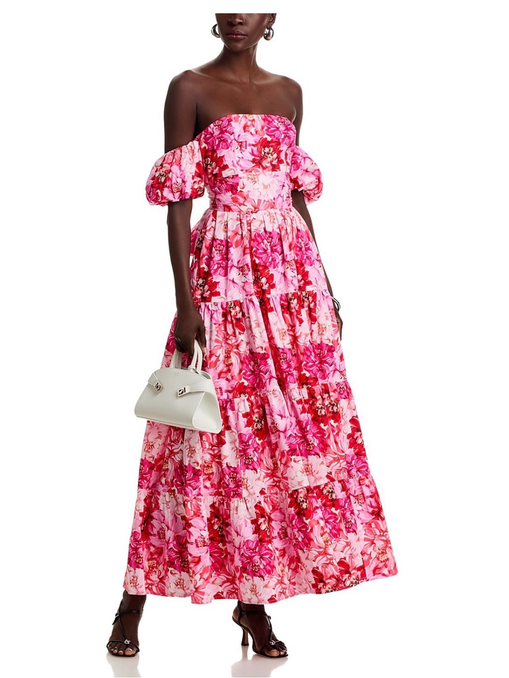 Aqua Pink Floral Off-Shoulder Puff Sleeve Maxi Dress